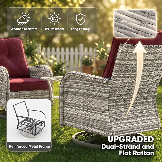 5-Piece Small Patio Furniture Set, Outdoor Swivel Rocking Chairs Set with Ottomans, Patio Bistro Set for Balcony, Deck, Porch, Red