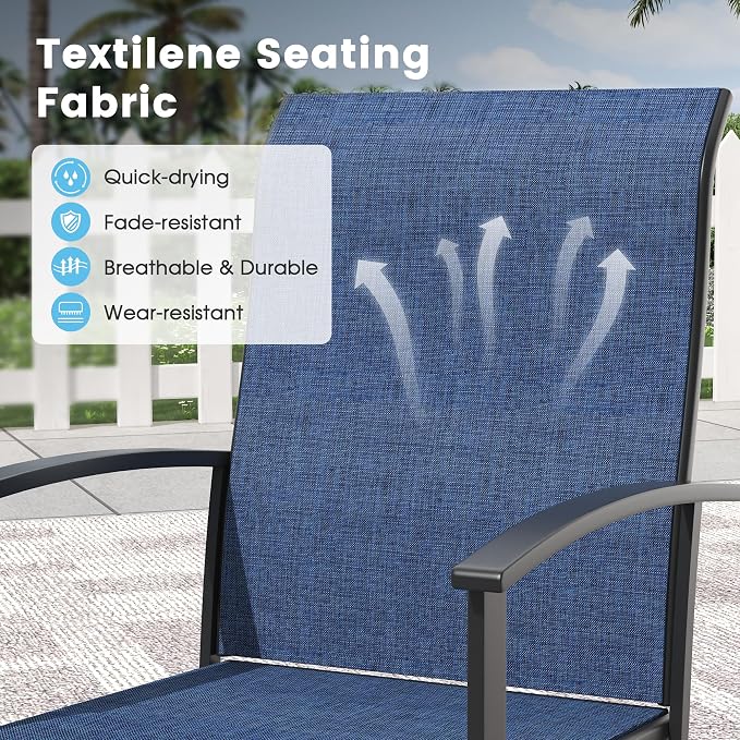 7 Pieces Outdoor Patio Dining Table Set, 53" All Weather Round Metal Table with Umbrella Hole and 6 High Back Textilene Swivel Chairs for Garden, Lawn, Poolside, Black Table & Blue Chairs