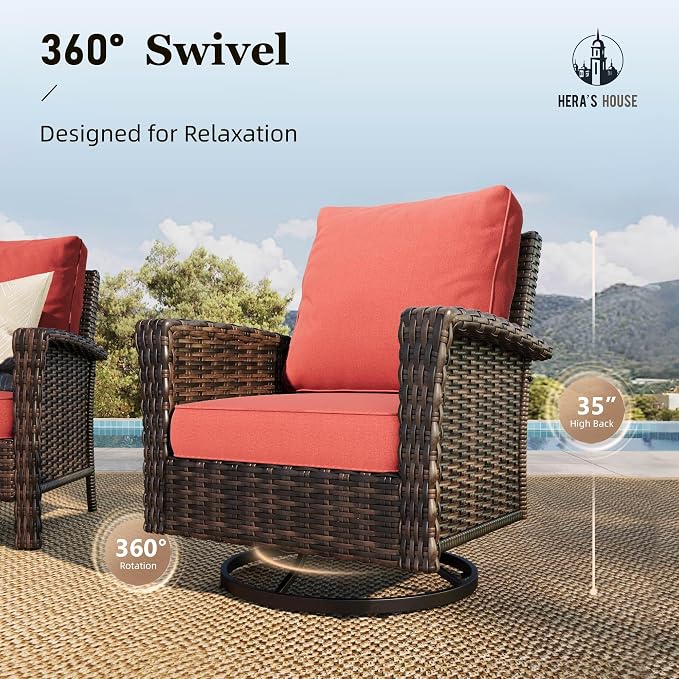 HERA'S HOUSE Patio Furniture Set with High Back Swivel Chairs, 4 Pieces Outdoor Wicker Rattan Conversation Sofa Sets with 5.5" Waterproof Thick Cushions for Deck Lawn Yard
