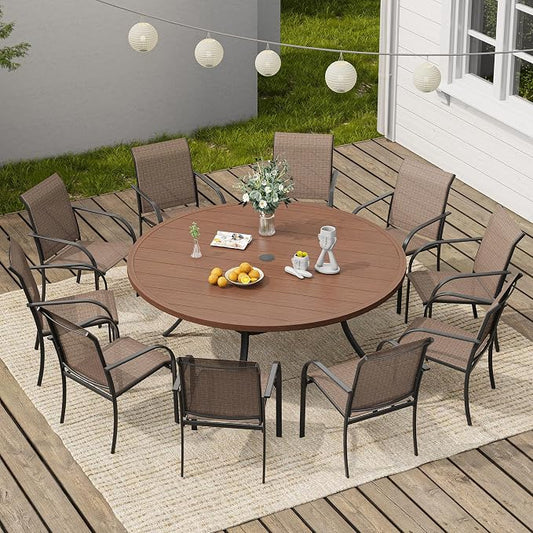 VICLLAX Round Outdoor Dining Set, Patio Table and Chairs Set Set of 10 Patio Stackable Chairs and 63" Outdoor Round Table with Umbrella Hole for Backyard Lawn Garden, Brown Chairs and Walnut Table