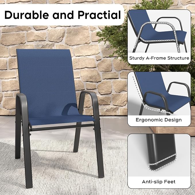 KEIKI 7-Piece Outdoor Patio Dining Set, Waterproof Patio Table and Chairs for 6, 63" x 38" Rectangular Metal Table with Umbrella Hole for Lawn Garden Backyard, Black+Navy Blue