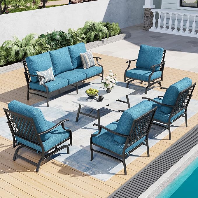 SUNSHINE VALLEY 6 Piece Metal Outdoor Patio Furniture Set, Patio Conversation Set 3-Seater Sofa, 2 Rocking Chair, 2 Leg Chair with 5.75" Thick Cushion and Coffee Table, Backyard Furniture Set, Blue-2