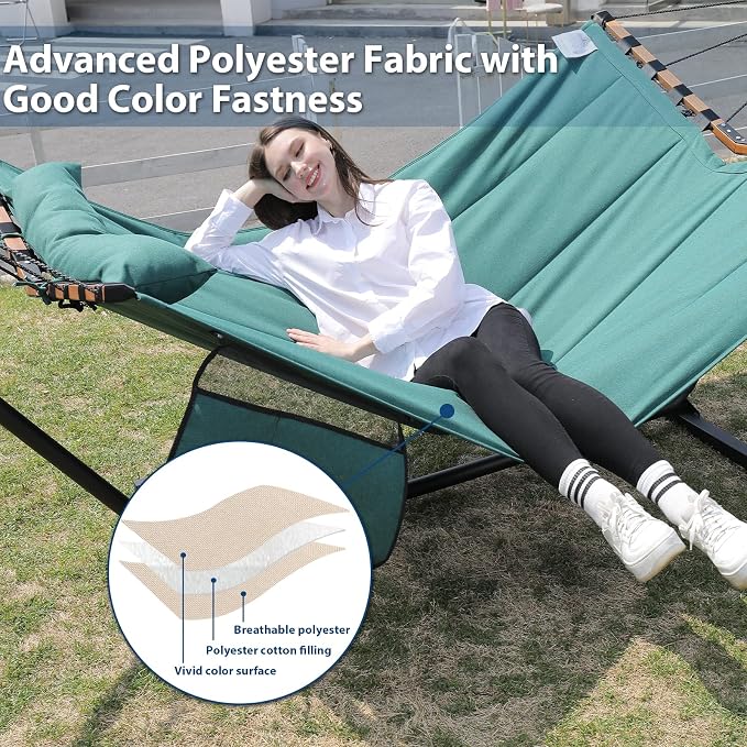 TegerDeger 12FT 2 Person Hammock with Stand Included 55 x 79IN Large Hammock 450LB Capacity with Hardwood Spreader Bar & Nylon Rope for Outside, Patio, Garden, Backyard, Beach - Deep Lake Blue 2