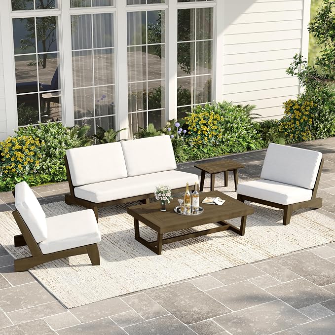 4 Piece Wood Outdoor Patio Frutnire Set, 5 Seater Patio Conversation Sets with Thick Cushions, Outdoor Sectional Furniture with Coffee Table - Beige