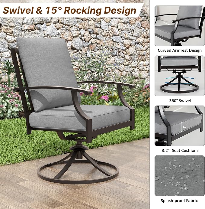 ALAULM 9-Piece Patio Dining Table and Chairs for 8 Outdoor Dining Set with 2 Swivel Chairs Patio Dining Sets with Rectangular Metal Table with Umbrella Hole for Patio, Backyard, Garden-Grey