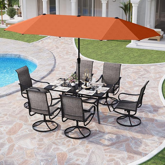 PHI VILLA Patio Dining Set with 13ft Umbrella for 6, Swivel Mesh Chairs | 59'' metal rectangular table, 6 brown outdoor textilene chairs and 13ft orange red umbrella(NO BASE) for deck, garden, yard