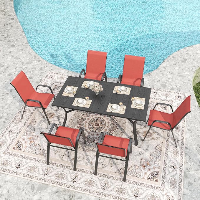 KEIKI 7-Piece Outdoor Patio Dining Set, Waterproof Patio Table and Chairs for 6, Rectangular Wood-Grain Metal Table with Umbrella Hole for Lawn Garden Backyard, Black+Red