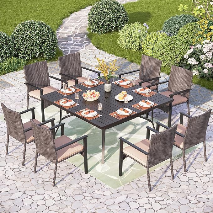 PHI VILLA Wicker Patio Dining Chairs Set of 6 with Removable Cushions | 6 Rattan dining chairs with thick removable seat cushions. Sturdy steel frame, easy assembly.