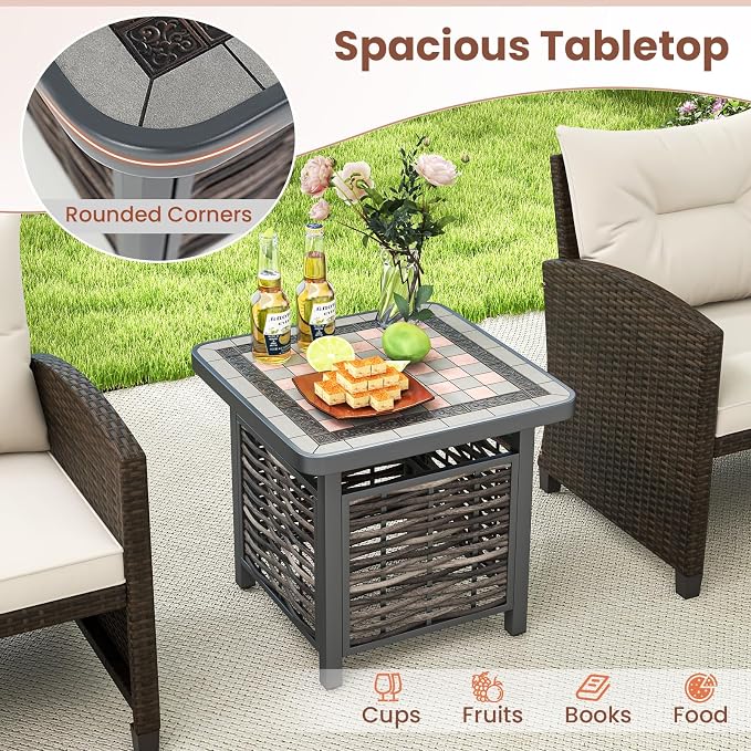 HAPPYGRILL Outdoor Wicker Side Table with Umbrella Hole, PE Rattan Square Coffee Table with Resin Top, Metal Frame, Small End Side Table for Garden, Yard, Poolside, Deck