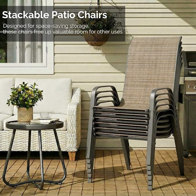 MAMIZO 7 Pieces Patio Dining Set for 6, Outdoor Table and Chairs w/Rectangle Glass Table and 6 Textilene Stackable Chairs, Patio Furniture Set w/1.69" Umbrella Hole (Grey Table & Brown Chair)
