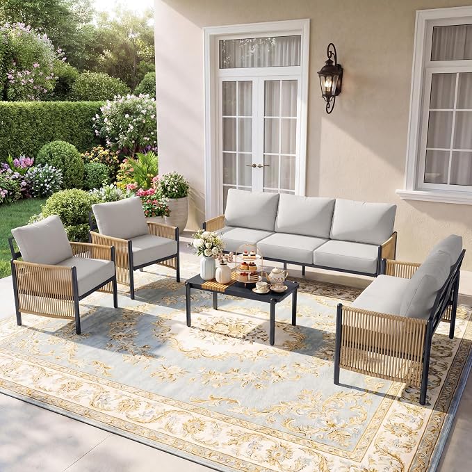 Aluminum Outdoor Patio Furniture Set, 7 Seats Outdoor Sectional with Coffee Table, Patio Conversation Sets with Washable Thick Cushions and Waterproof Cover for Backyard/Garden /Poolside, Silver Gray