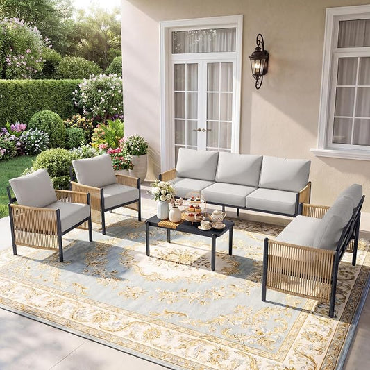 Aluminum Outdoor Patio Furniture Set, 7 Seats Outdoor Sectional with Coffee Table, Patio Conversation Sets with Washable Thick Cushions and Waterproof Cover for Backyard/Garden /Poolside, Silver Gray