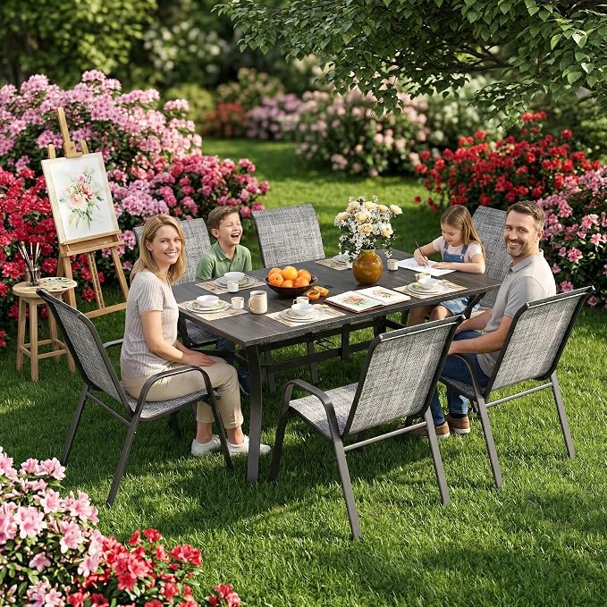 KEIKI 7-Piece Outdoor Patio Dining Set, Waterproof Patio Table and Chairs for 6, Rectangular Metal Table with Umbrella Hole for Lawn Garden Backyard, Blush+Grey