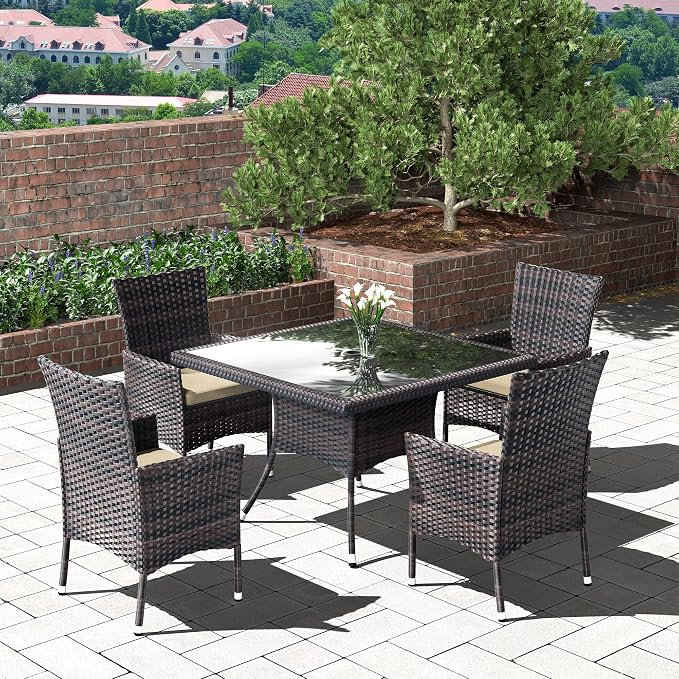 5 Pieces Outdoor Patio Dining Set,Patio Table and Chairs Rattan Outdoor Patio Furniture Set with Umbrella Hole,Dining Table Set for 4 with Chairs for Backyard,Garden and Kitchen,Brown