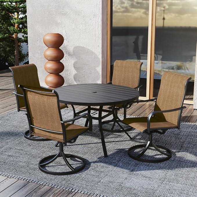 5 Piece Outdoor Patio 48" Round Table and Brown Swivel Chairs Set Style2 | 4 Piece Swivel Chairs: High Back, Curved Armrest, Textilene Fabric, Rocking; 48 inch Metal Round Table, All Weather