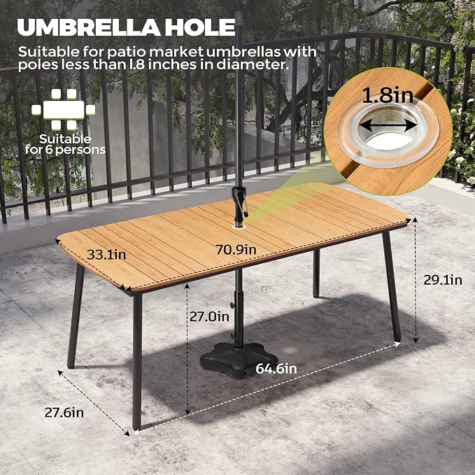 Crestlive Products Outdoor Dining Table for 6, 70In Aluminum Patio Table with Umbrella Hole Weather Resistant Rectangle OutsideTables for Patio Garden Lawn, Brown