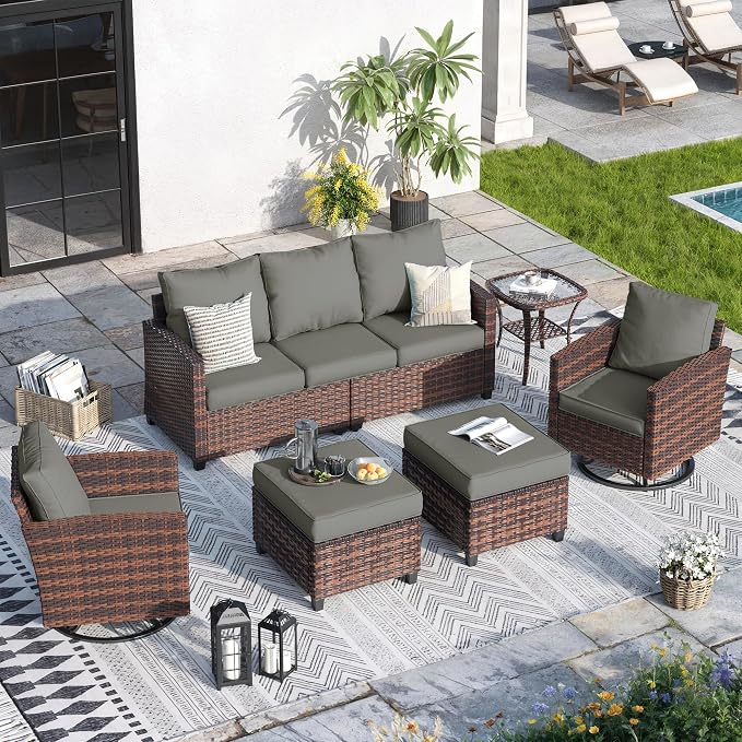 Patio Furniture Set, 6 Pcs Patio Outdoor Sectional, Wicker Outdoor Couch with Swivel Chair, Ottomans, Side Table, 4" Thick Cushion, for Garden Backyard Deck,Dark Grey