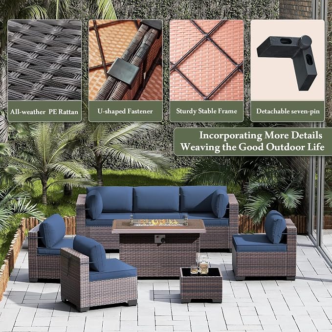 8 Pieces Outdoor Patio Furniture Set,Outdoor Sectional Furniture with 43" 55000 BTU Gas Propane Fire Pit Table,All Weather PE Rattan Wicker Patio Conversation Set,Navy Blue