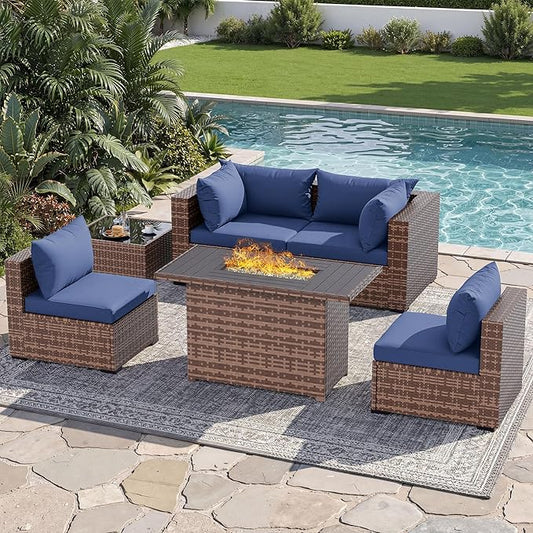 UDPATIO Patio Furniture Set with Fire Pit Table, 5 Piece Outdoor Sectional Sofas, All-Weather Wicker Conversation for Garden, Backyard, Navy Blue