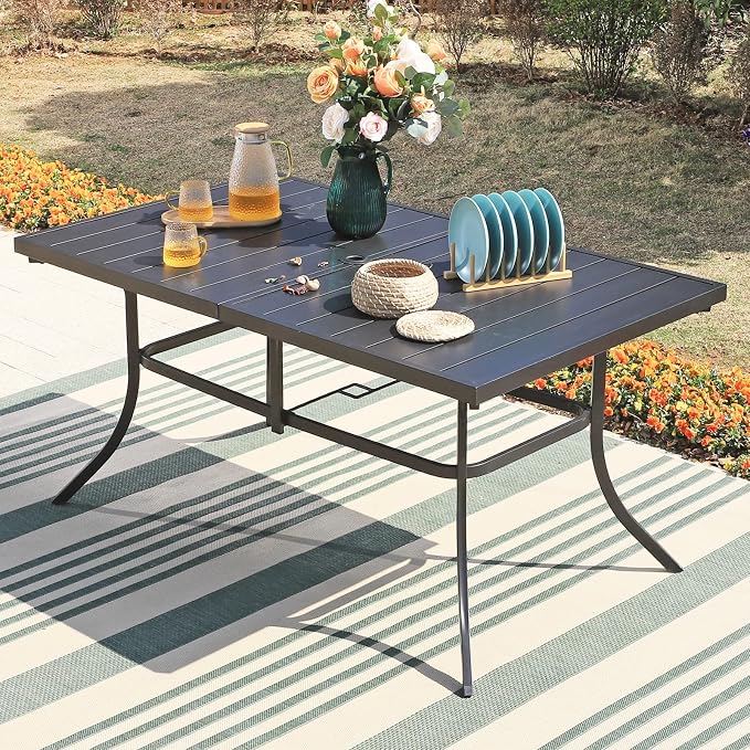 Sophia & William 7pc Patio Dining Set with Beige Umbrella, 6 Rattan Chairs | 6 Cushioned rattan chairs + 1 metal table with umbrella. Perfect for backyard, deck, porch.