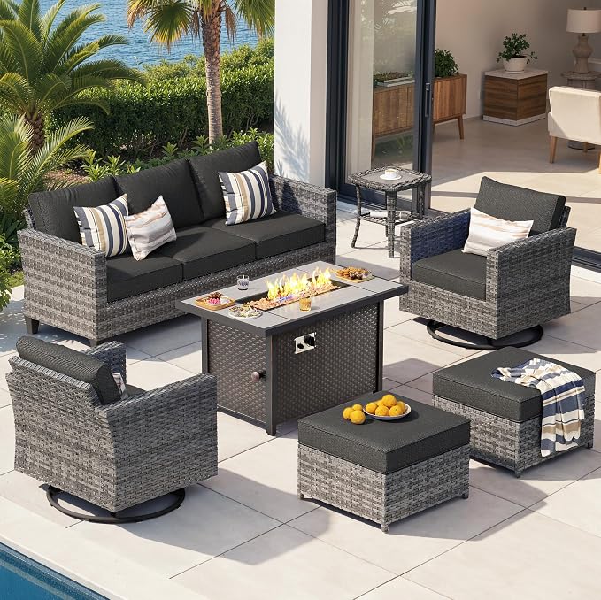 CAODOC 7-Piece Outdoor Wicker Patio Set with 7 Seats, Including 43" Fire Pit - Swivel Rocker Chairs and Conversation Set for Backyard or Lawn, Gray Rattan with Waterproof Black Cushions