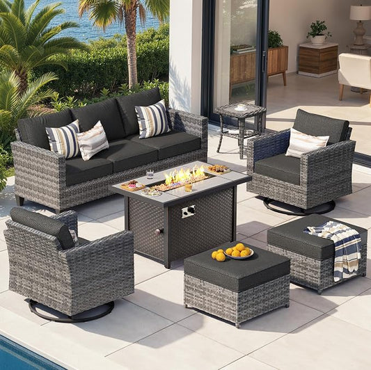 CAODOC 7-Piece Outdoor Wicker Patio Set with 7 Seats, Including 43" Fire Pit - Swivel Rocker Chairs and Conversation Set for Backyard or Lawn, Gray Rattan with Waterproof Black Cushions