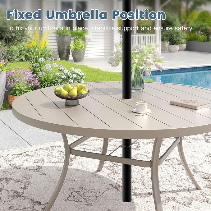 DIFY 9 Pieces Outdoor Dining Set for 8, 60" Round Metal Table with Umbrella Hole and Textilene Swivel Patio Chairs, Patio Table and Chairs Set for Garden, Backyard, Poolside, Sandshell