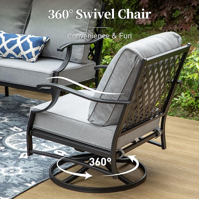 SUNSHINE VALLEY 5 Piece Metal Outdoor Patio Furniture Sets, Patio Conversation Sets 1 3-Seater Sofa, 2 Swivel Chairs, 2 Ottomans with 5.75" Thick Cushion, Black All-Weather Backyard Furniture, Gray