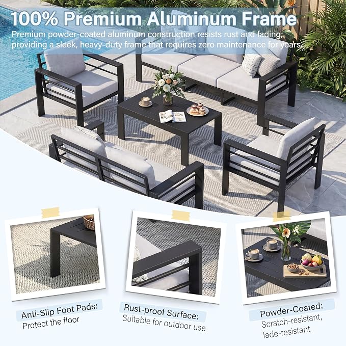 7-Seat Aluminum Patio Furniture Set, 5 Piece Outdoor Conversation Set with 4" Thick Washable Cushions & Coffee Table, Outdoor Sectional Sofa for Backyard, Deck, Porch, Poolside