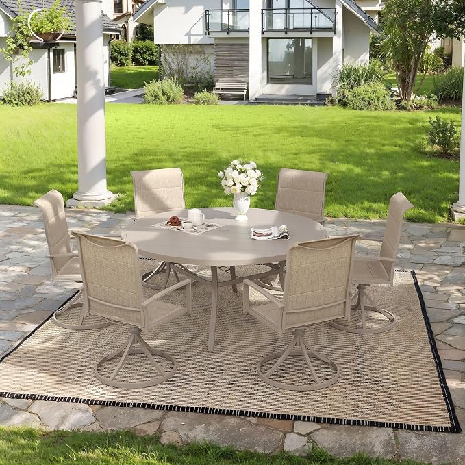 VICLLAX 7 Pieces Outdoor Dining Set, Patio Furniture Set Includes 50" Round Metal Table W/ 1.9" Umbrella Hole and 6 Padded Textilene Swivel Chairs for Porch, Lawn, Garden, Backyard