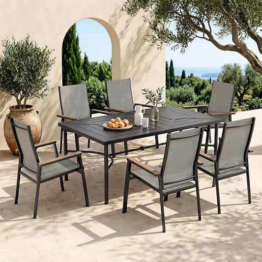 Sophia & William 7 Piece Outdoor Dining Set, Metal Patio Table with Umbrella Hole and Space-Saving Stackable Textilene Chairs with Aluminum Frame for Patio Lawn Garden (Grey Chairs)