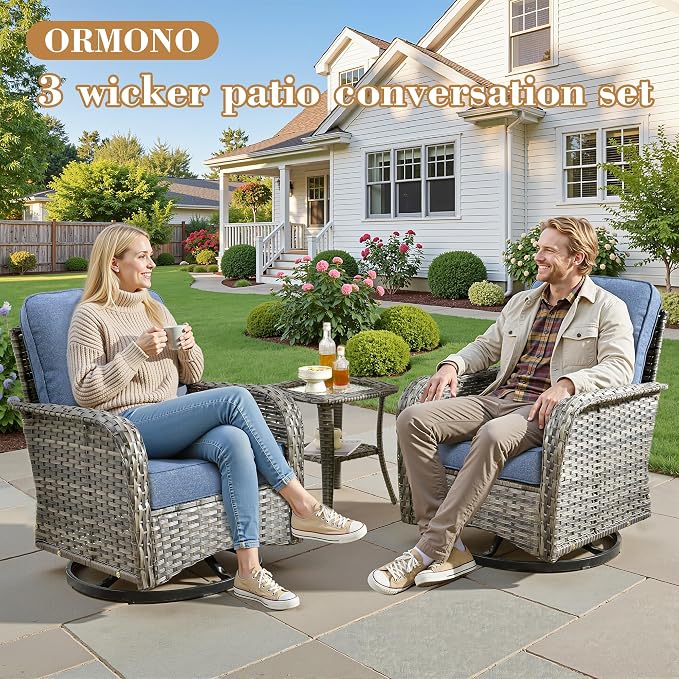 3 Pieces Patio Furniture Set, High Back Outdoor Swivel Rocker Chairs, Wicker Outdoor Furniture with Swivel Rocking Chairs and Side Table for Porch, Backyard, Balcony, Denim Blue