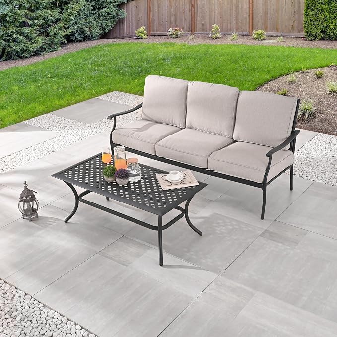 LOKATSE HOME 3 Seat Metal Patio Loveseat Bench Outdoor Furniture Bistro Set with Coffee Table for Lawn Front Porch Garden Yard or Poolside, Beige