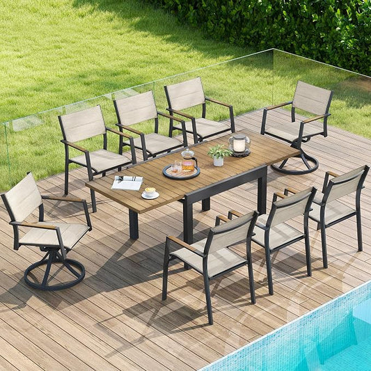 9 Piece Outdoor Dining Set, Expandable Outdoor Patio Dining Table and Swivel Chair Set, Aluminum Outdoor Table and 8 Chairs with Textilene Fabric & Armrest for Patio, Garden, Lawn(Brown)
