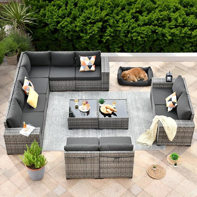 ovios 12 Pieces Patio Furniture Set, Outdoor Wicker Sectional Sofa with Coffee Table Comfy Cushions, Modern Modular Deep Seat Couch Rattan Conversation Set, Black