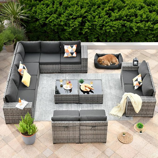 ovios 12 Pieces Patio Furniture Set, Outdoor Wicker Sectional Sofa with Coffee Table Comfy Cushions, Modern Modular Deep Seat Couch Rattan Conversation Set, Black