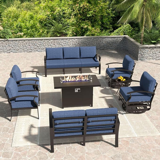Kullavik Aluminum Patio Furniture Set,8 Piece Modern Metal Outdoor Patio Furniture w/5.1'' Thick Cushion,Swivel Chairs and Propane Fire Pit Table,Patio Conversation Sets for Porch,Deck,NavyBlue