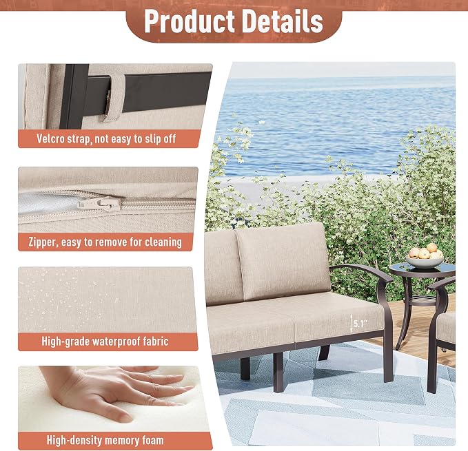 Kurapika Aluminum Patio Furniture Set 10-Seat Modern Metal Outdoor Conversation Sets w/45in Propane Fire Pit Table, Swivel Rocking Chairs Patio Sectional Sofa w/5.1 Inch Cushion, Sand