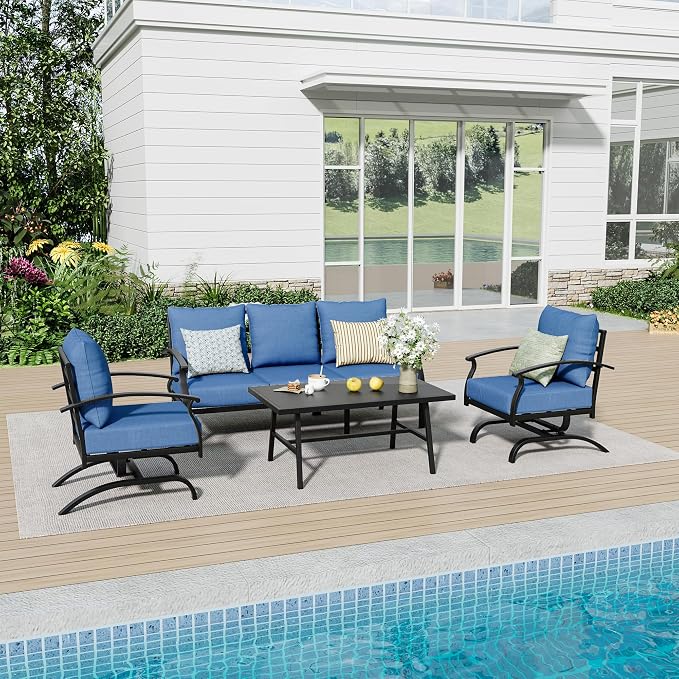 Kurapika Metal Patio Furniture Set 5-Seat Modern Metal Bistro Set Outdoor Conversation Sets, 2 Piece Patio Rocker Chairs with Thick Cushion and Coffee Table for Garden Backyard Deck Lawn, Navy Blue