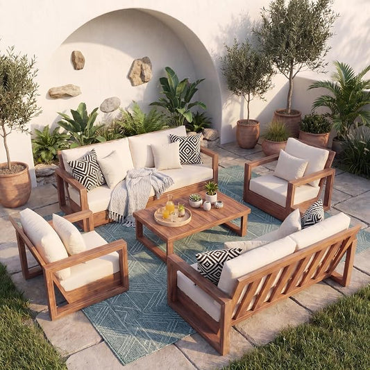 Christopher Knight Home 5-Piece Patio Furniture Set, Acacia Wood Outdoor Sofa Set with 3-Seater Couch, Loveseat, 2 Swivel Rocking Chairs & Coffee Table, Deep Seat Patio Conversation Set, Brown+Beige