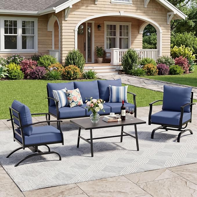 Metal Patio Furniture Set, 4 Piece Outdoor Furniture Set, All Weather Modern Outdoor Couch Sofa with Comfortable Cushions & Coffee Table, Metal Conversation Set for Balcony, Porch, Deck (Navy)