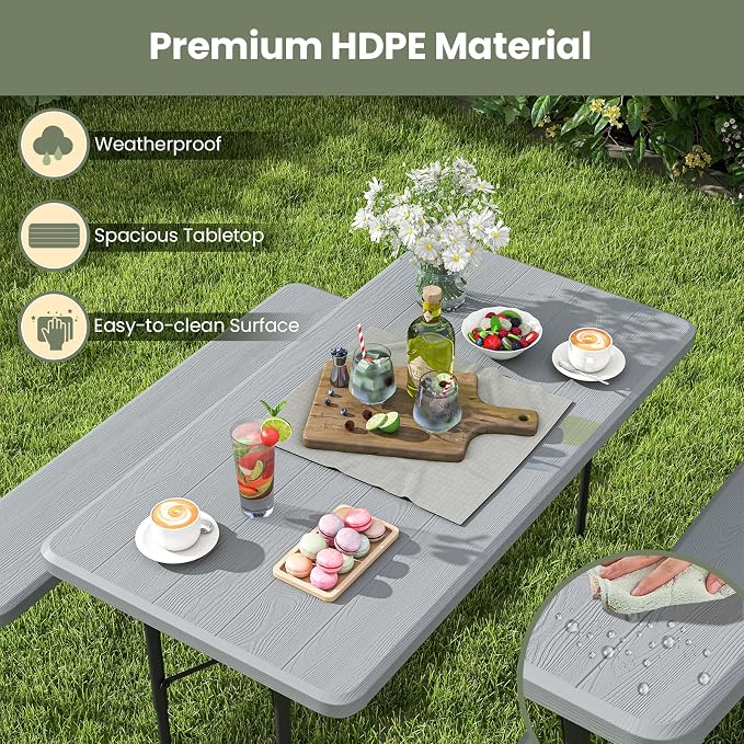 Tangkula Folding Picnic Table with 2 Benches, Outdoor Metal Camping Table Set with Plastic Wood-Like Texture Tabletop & Steel Frame, Foldable Camping Table for Picnic, Party, BBQ (Grey)