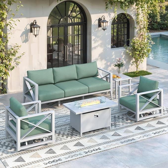 Aluminum Outdoor Patio Furniture Set with 43" Fire Pit Table, 7-Piece Outdoor Sectional with 5.2" Thick Cushions, Patio Conversation Sets for Backyard,(White,5 Seats)