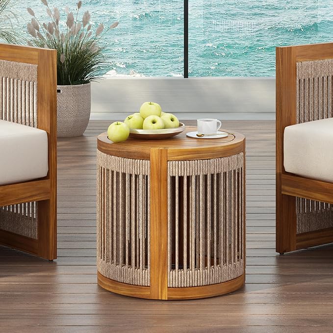 GDFStudio 16.9" Acacia Wood Outdoor Side Table, Patio Accent Table with Handwoven Rope Details, Slatted Design, Boho Minimalist Style, Durable Small Coffee Table for Balcony, Garden, Porch