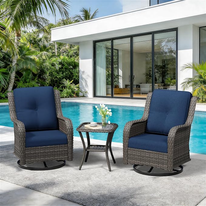 3 Piece Outdoor Wicker Patio Furniture Set, Swivel Rocker Patio Chairs Set with Thickened Olefin Cushions, High Back and Deep Seating, Hand-Woven PE Rattan for Porch, Deck