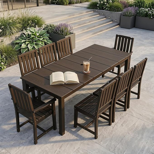 PLUUV Outdoor Dining Set for 8 Person, HDPE Large Table with Aluminum Legs and 8 Armless Chairs, All-Weather Patio Dining Furniture Set with Umbrella Hole for Backyard, Garden, Coffee