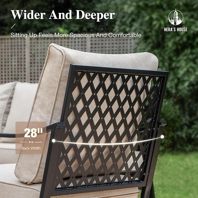 HERA'S HOUSE 4 Piece Metal Patio Furniture Set, All Weather Outdoor Conversation Set with 3 Seat Sofa, 2 x Cushioned Fixed Chair & Coffee Table, Seats 5 for Backyard, Garden, Deck, Beige