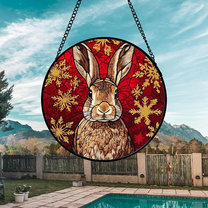 DASTOLL Stained Glass Window Hanging 4 Pcs Set Red Golden Snowflakes Large 11.8" - Christmas Elk Rabbit Suncatcher Door Garden Sun Catcher Decor Birthday for Mom Woman Nana Men