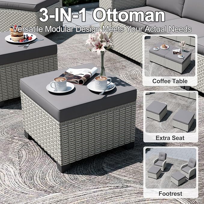 11-Piece Outdoor Patio Furniture Set, Modular Sectional Sofa Set with Swivel Rocker Chairs & Ottomans, Wicker Outdoor Couch Conversation Sets w/Coffee Table and Cushions, Gray