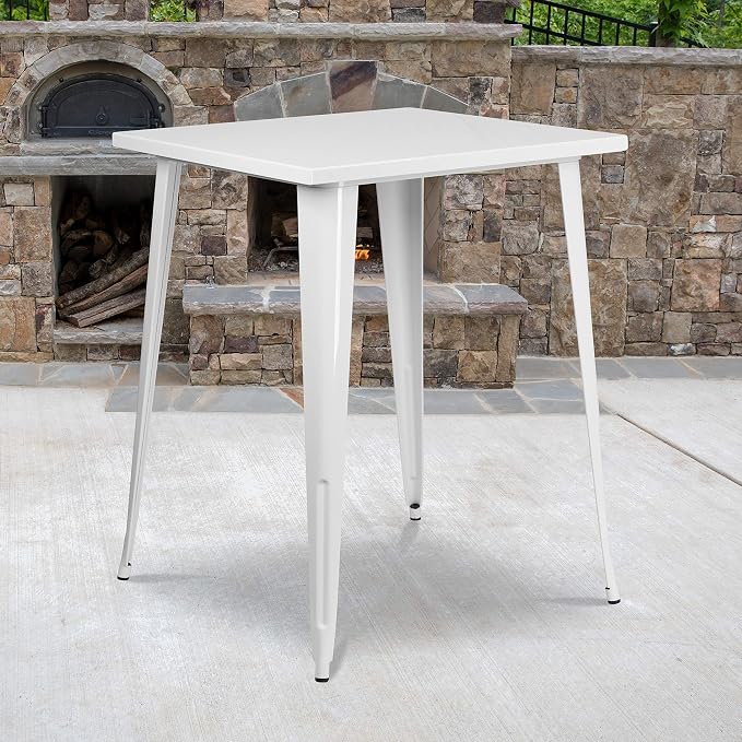 EMMA + OLIVER Commercial Grade 31.5" Square White Metal Indoor-Outdoor Bar Height Table